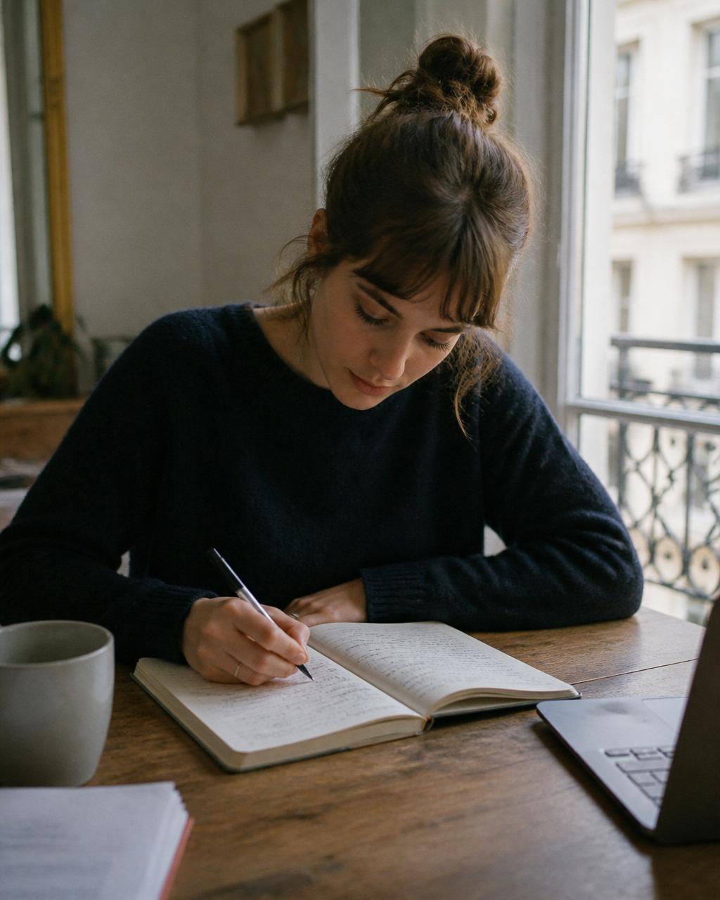 Apprenante souriante préparant son examen de français